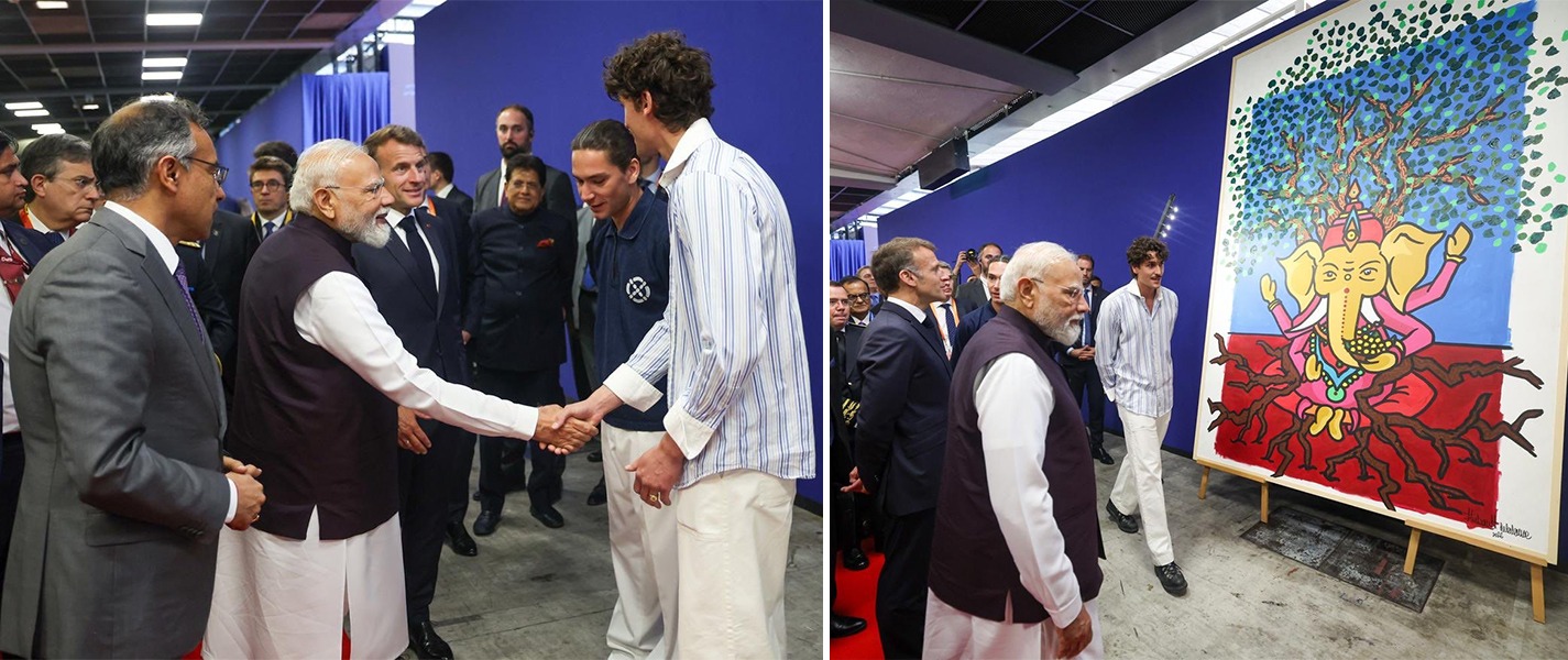 PM Narendra Modi and President Emmanuel Macron viewed the works of French artists Thibault De La Lance and Théophile de Bascher, created following their 10-day art residency in Jaipur.