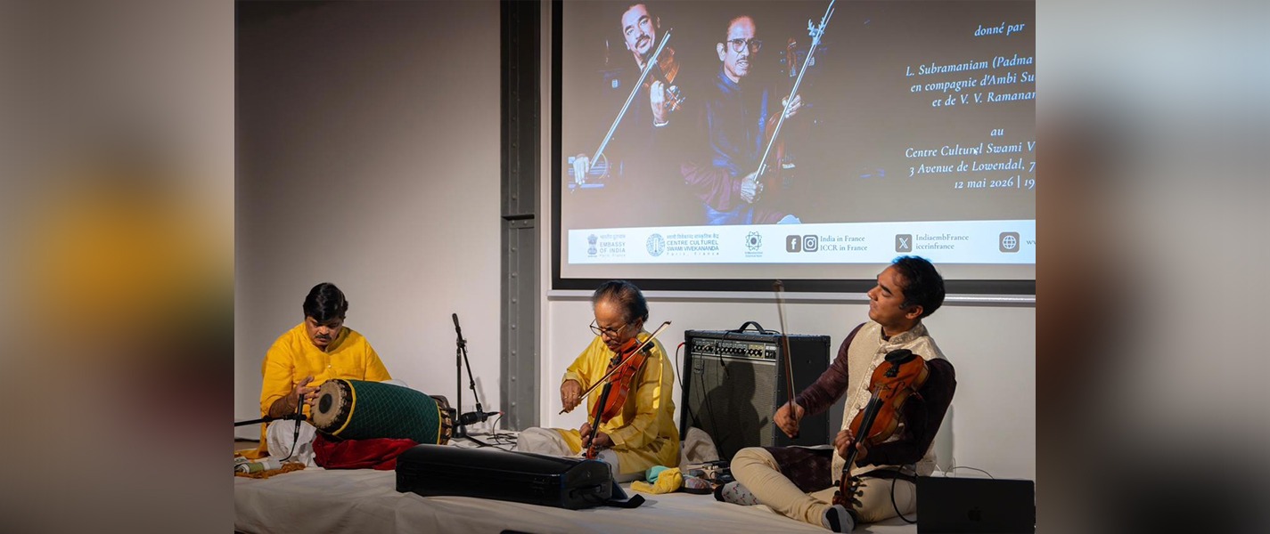 Padma Vibhushan Dr. L. Subramaniam, along with his son Ambi Subramaniam and V. V. Ramanamurthy, for a memorable evening of Indian classical music at Swami Vivekananda Cultural Centre, Paris.