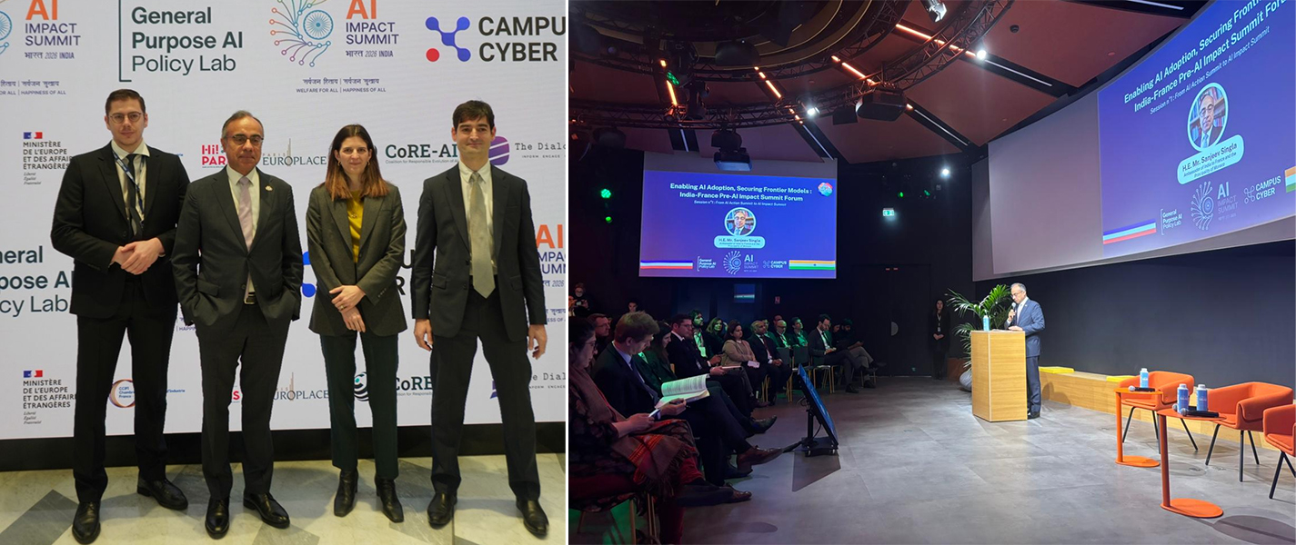 Ambassador Sanjeev Singla,  along with French Digital & AI Ambassador Ms. Clara Chapaz, at the “Enabling AI Adoption, Securing Model Frontier: India-France Pre-Impact Summit Forum” at Campus Cyber, Paris,