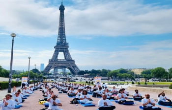 Embassy of India, Paris celebrates International Day of Yoga at Trocadero Gardens opposite the iconic Eiffel Tower as part of the Guardian Ring for Yoga
